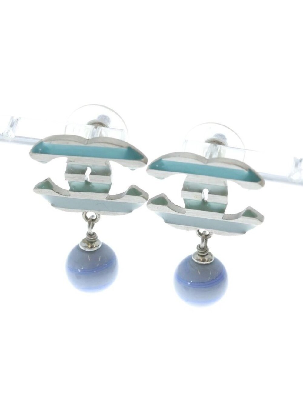 Chanel CC Logo Earrings Blue Silver 05C